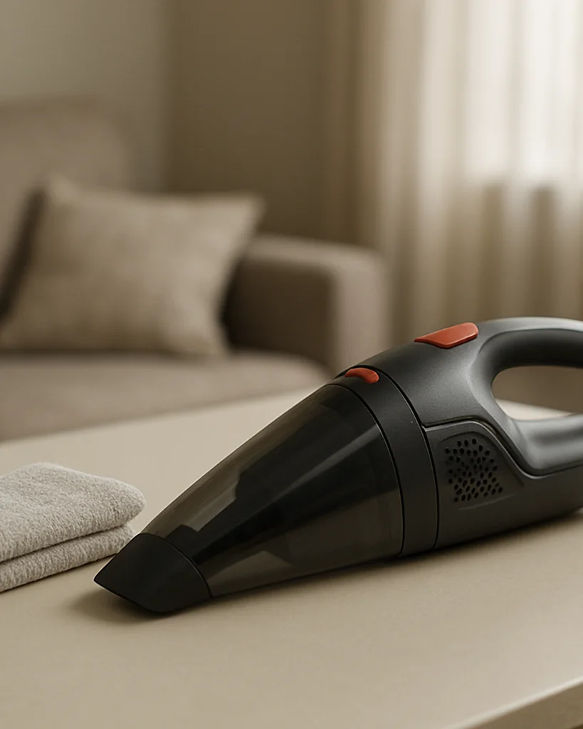 Soft window daylight on an ivory tabletop with a cordless vacuum