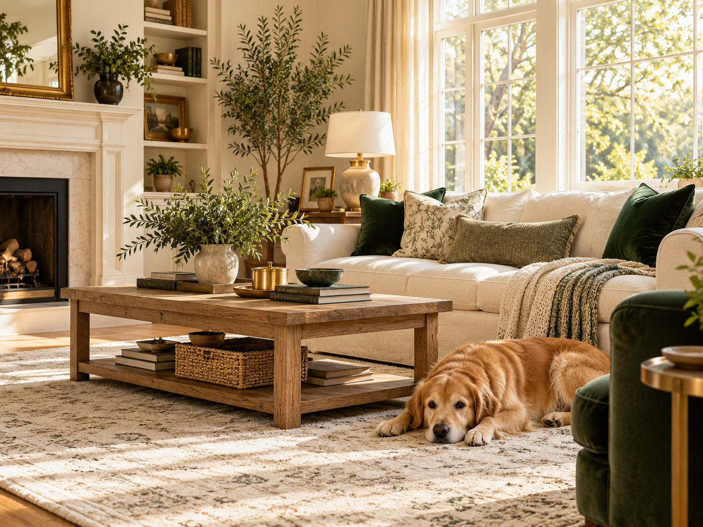 Bright living room with a dog resting on the rug