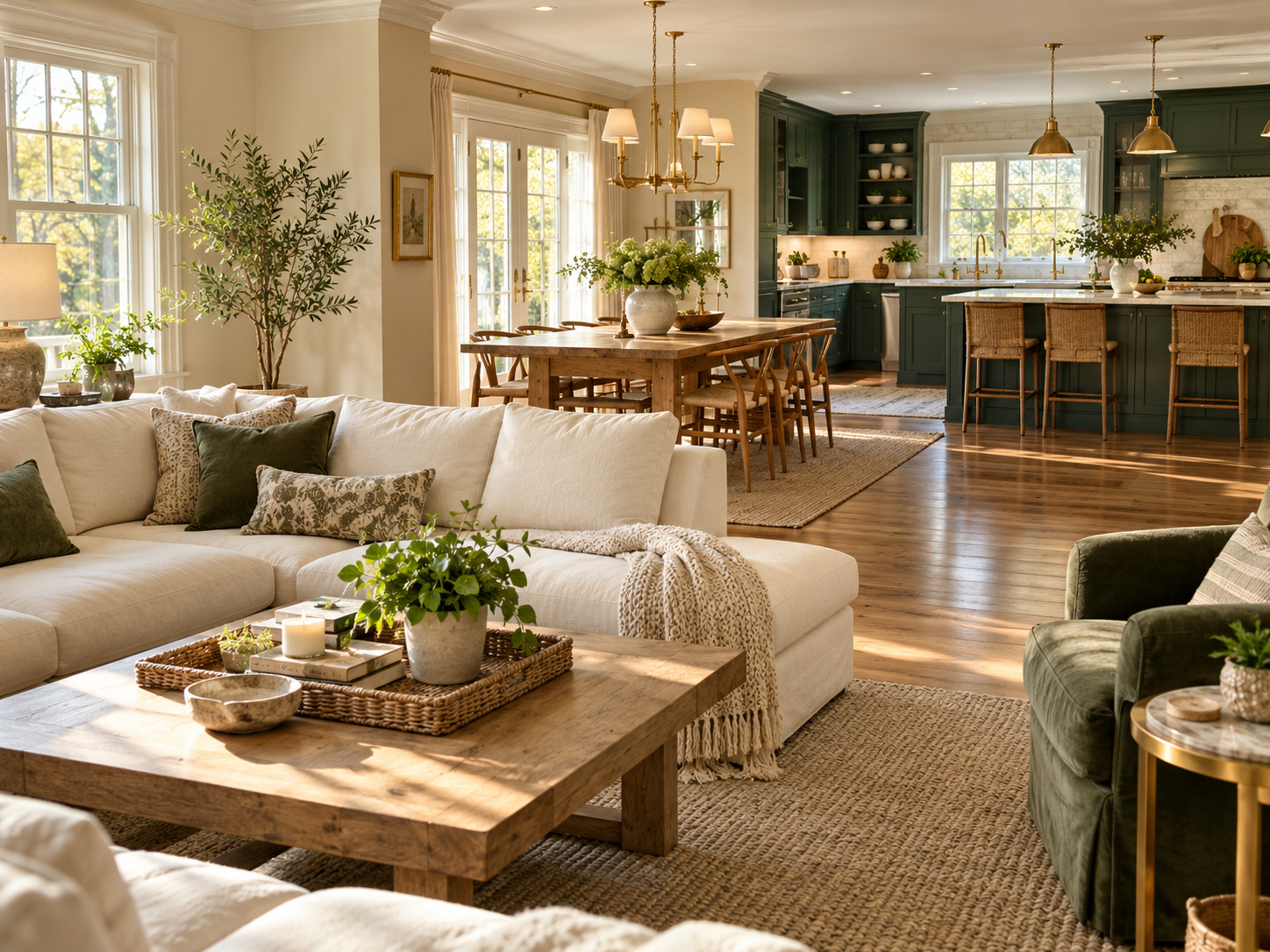 Connected living room, dining room and kitchen